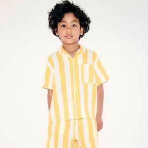 H&M Kids Boys YellowWhite Cabana Stripe Vacation Resort Cotton Muslin Shirt
